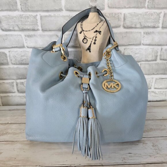 Michael Kors Camden Pebbled Leather Drawstring Bag Light Blue Tasseled Classic - Picture 1 of 12